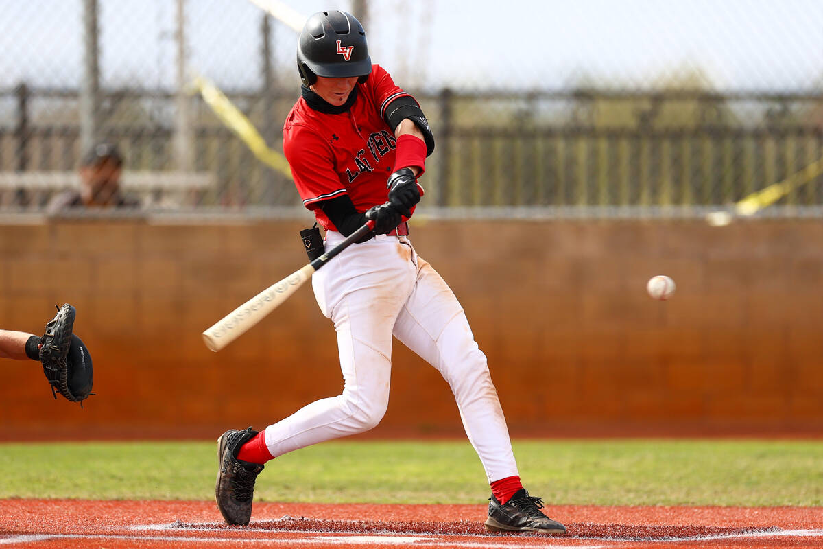 Las Vegas’ Gage McCown bats against Palo Verde during a high school baseball game on Thu ...