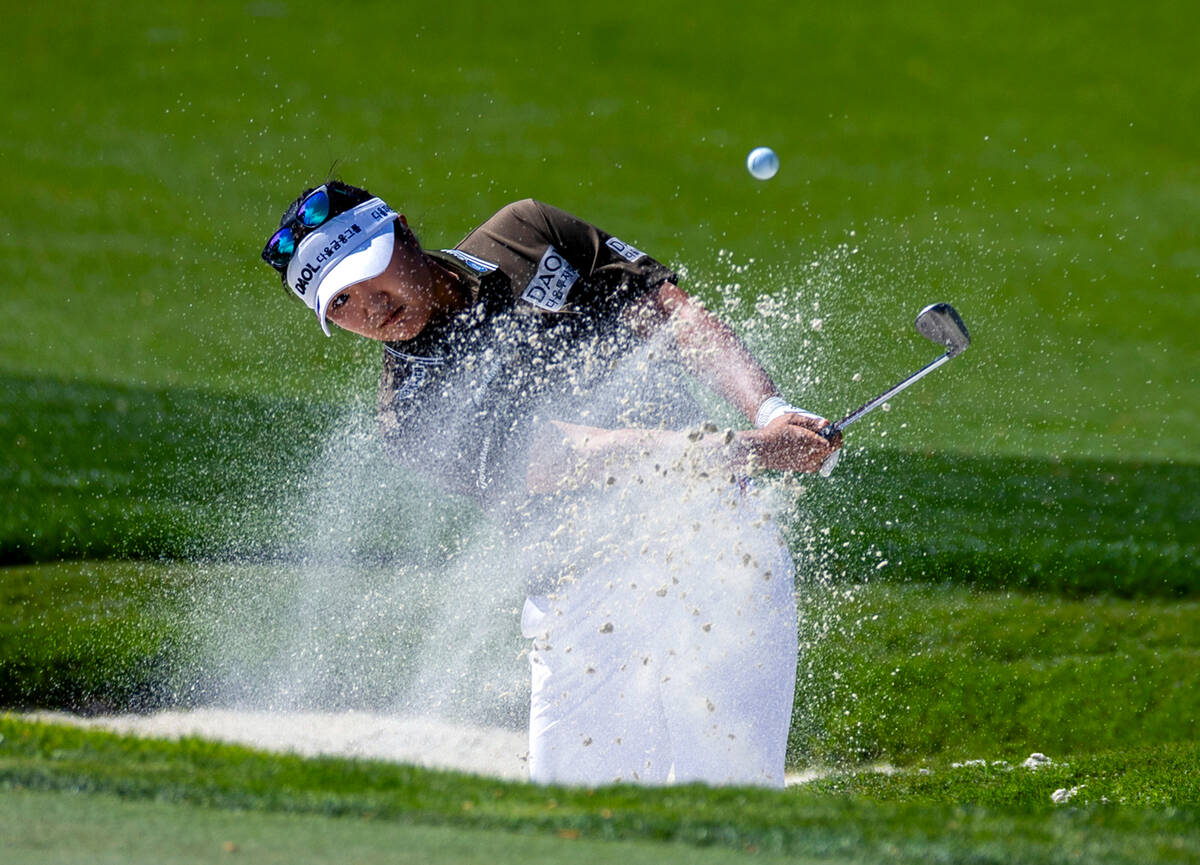 Haeran Ryu blasts out of a sand trap on hole #7 during the second day of the LPGA T-Mobile Matc ...
