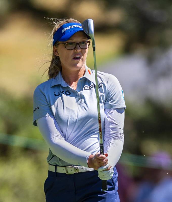 Brooke Henderson eyes the ball on the green at hole #9 during the second day of the LPGA T-Mobi ...