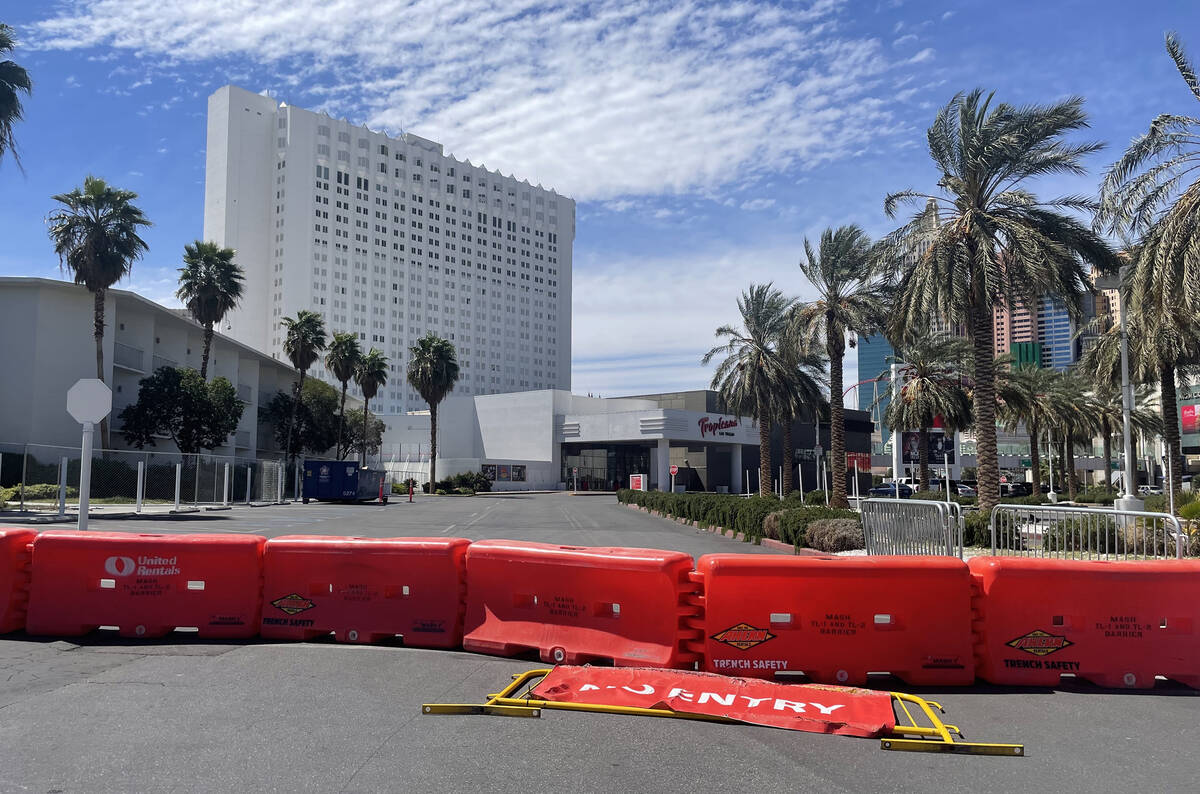 Road barriers block the main entrance to the Tropicana on Thursday, April 4, 2024. The 1950s ho ...