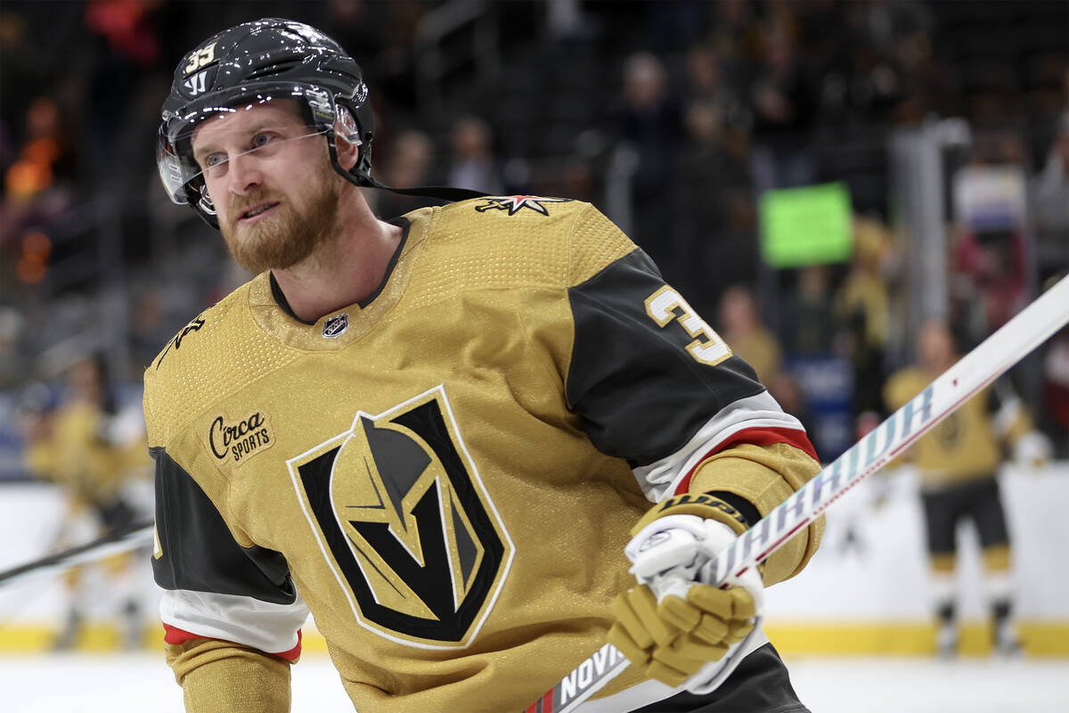 Golden Knights right wing Anthony Mantha (39) skates during warmups before an NHL hockey game a ...