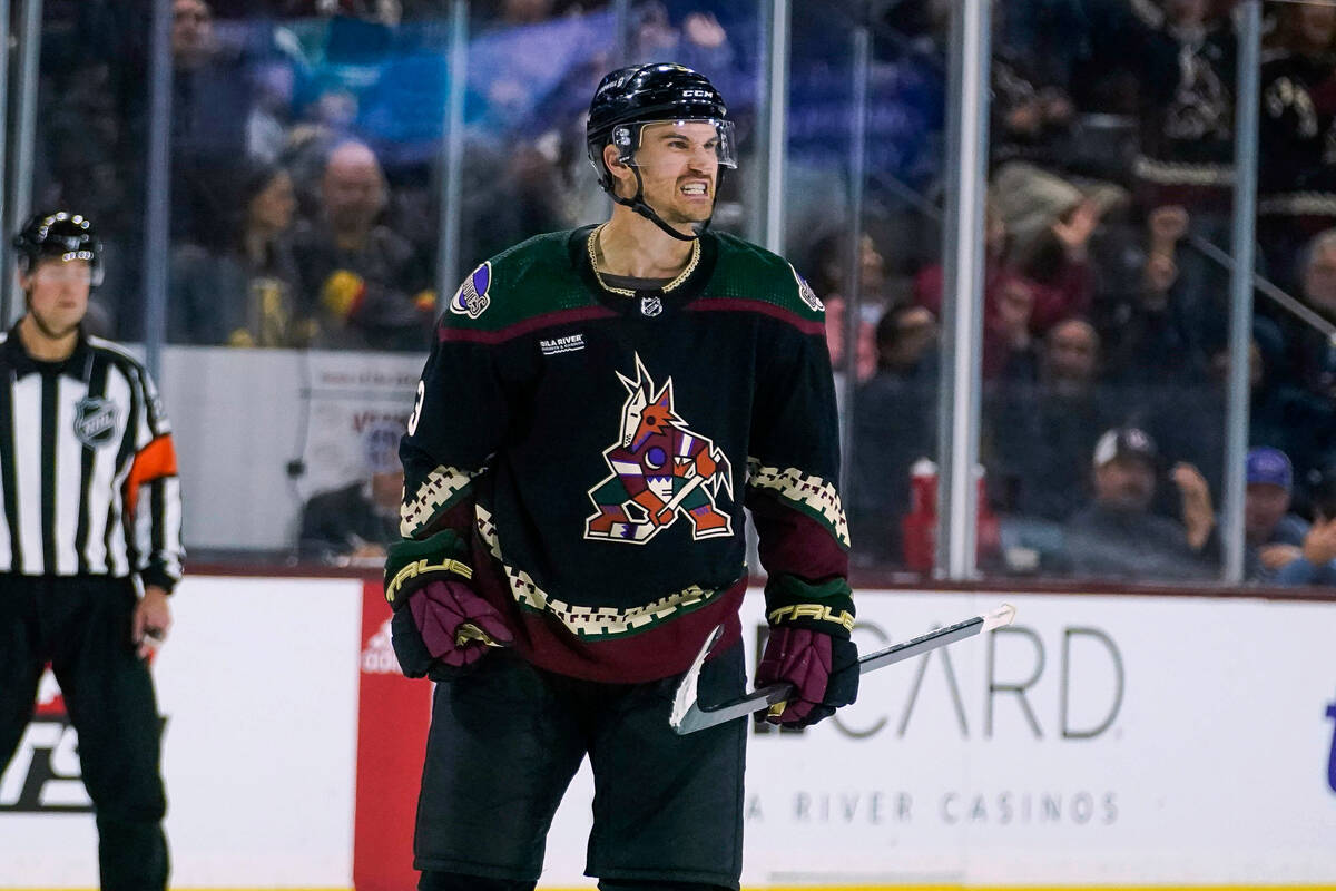 Arizona Coyotes defenseman Josh Brown celebrates his goal against the Vegas Golden Knights duri ...