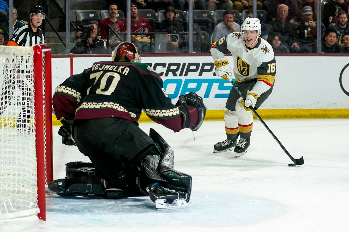 Vegas Golden Knights left wing Pavel Dorofeyev (16) shoots against Arizona Coyotes goaltender K ...