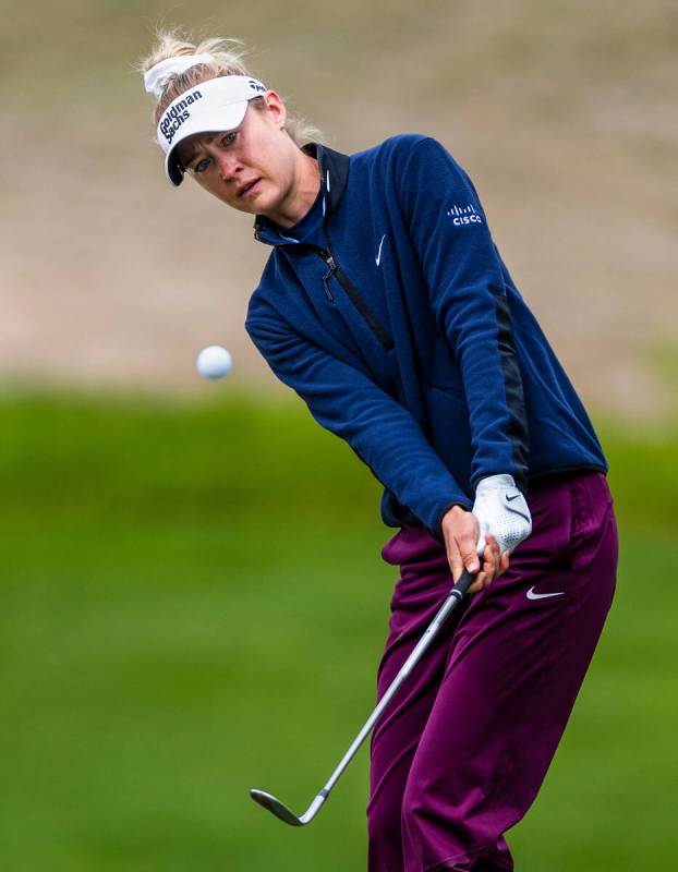 Nelly Korda chips the ball onto the green at hole #13 during the third day of the LPGA T-Mobile ...