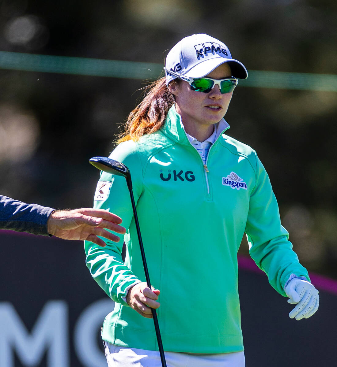 Leona Maguire is pleased with her first drive from the tee at hole #1 during the third day of t ...