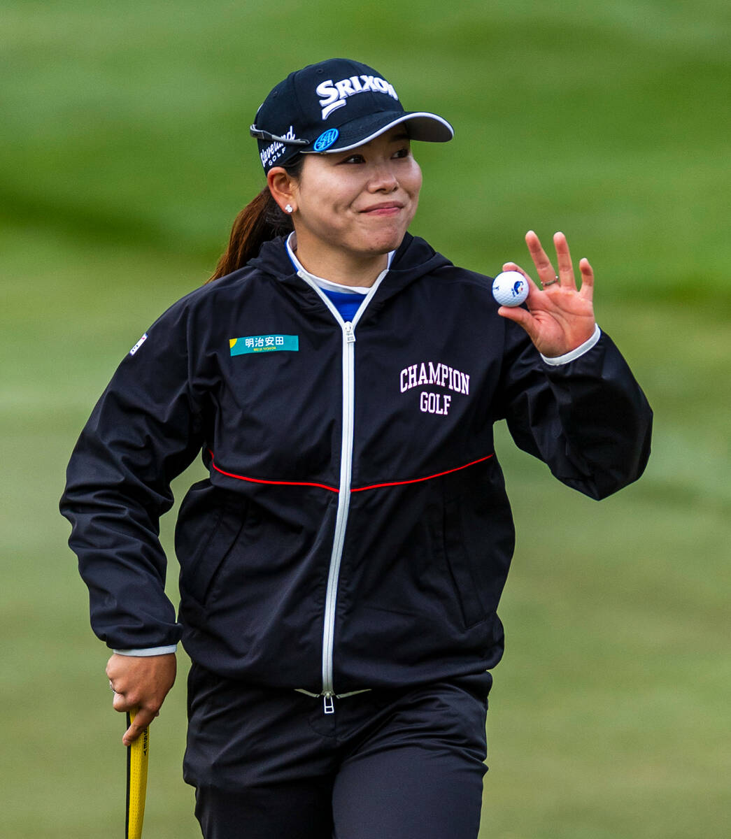 Minami Katsu greets her fans as she walks off hole #16 during the third day of the LPGA T-Mobil ...