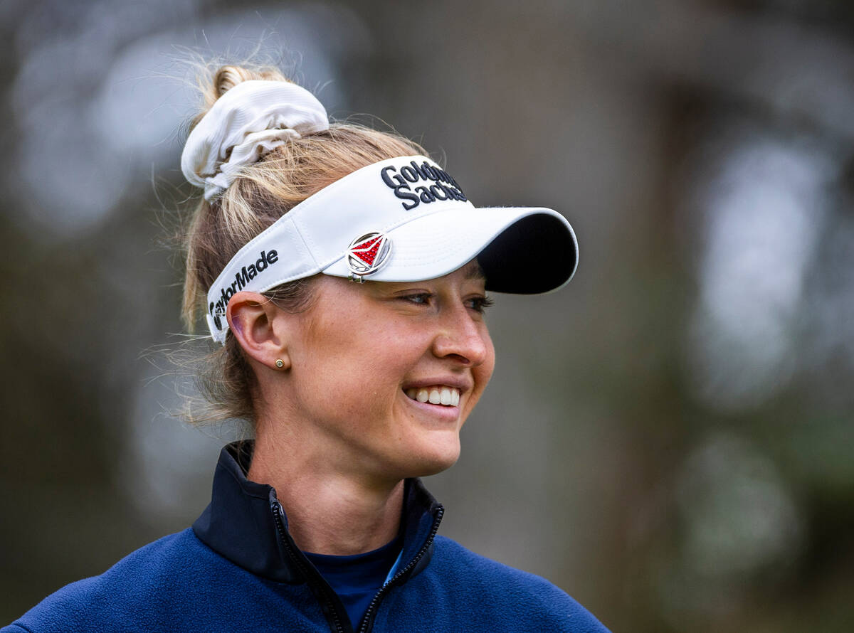 Nelly Korda smiles after a nice drive off the tee at hole #15 during the third day of the LPGA ...
