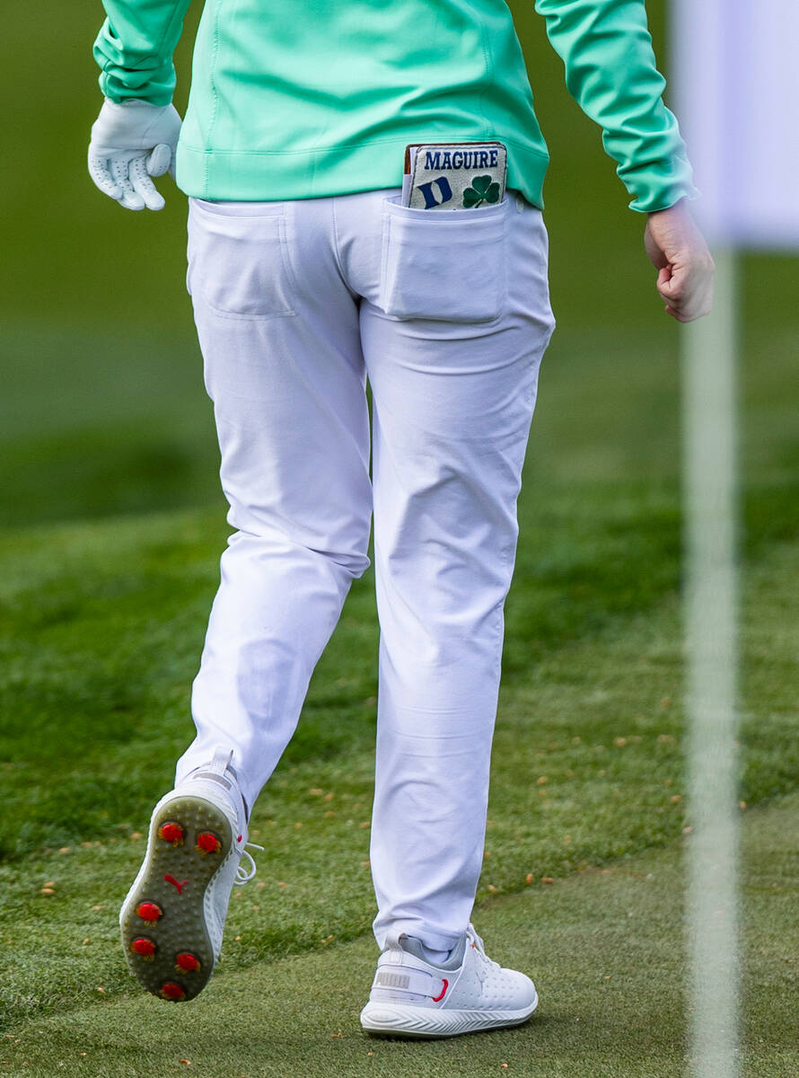 Leona Maguire walks with her yardage book in her back pocket at hole #16 during the third day o ...