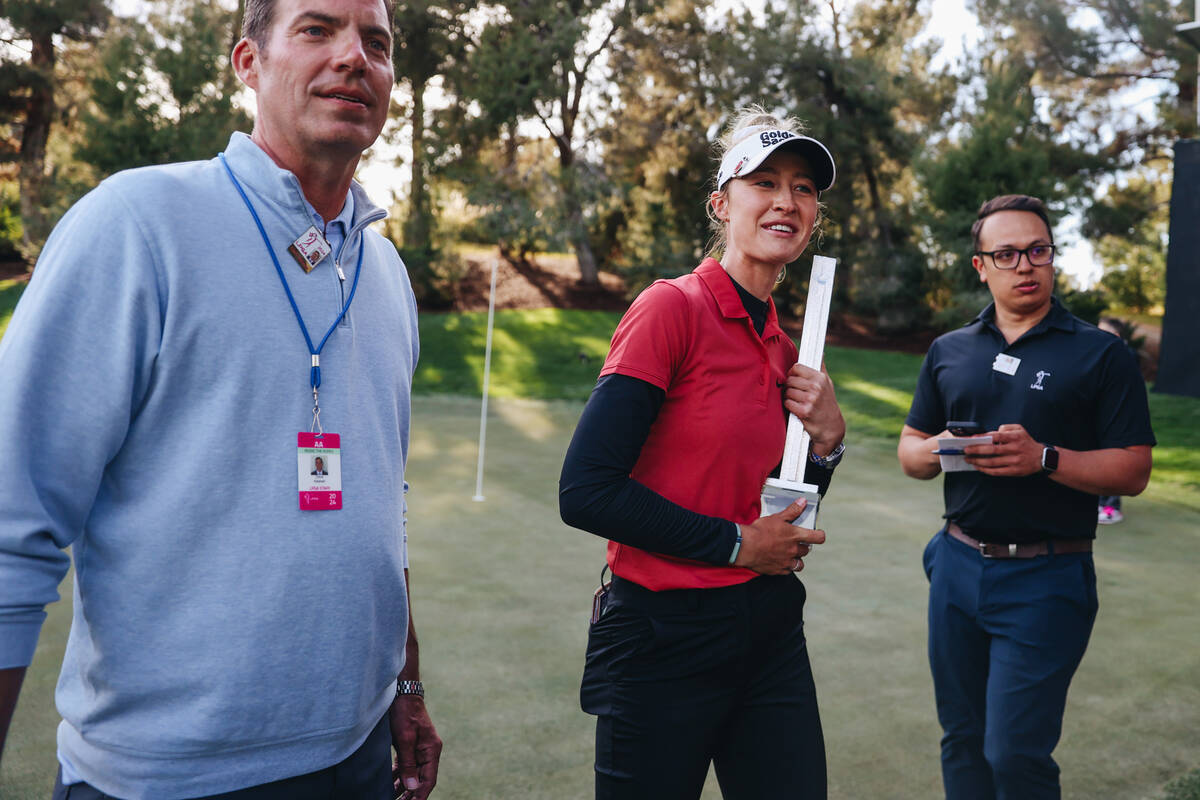 Nelly Korda celebrates winning during the T-Mobile Match Play championship match at Shadow Cree ...