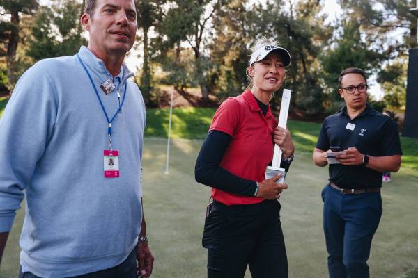 Nelly Korda celebrates winning during the T-Mobile Match Play championship match at Shadow Cree ...