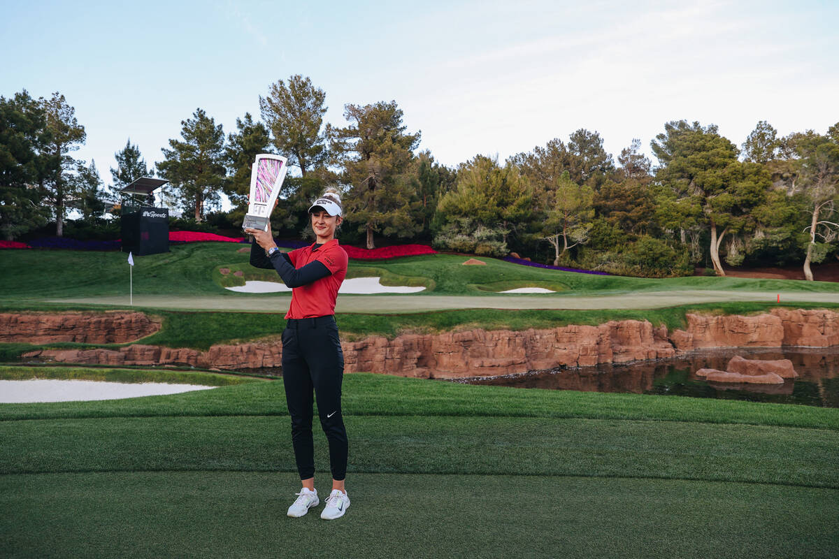 Nelly Korda poses with her trophy during the T-Mobile Match Play championship match at Shadow C ...