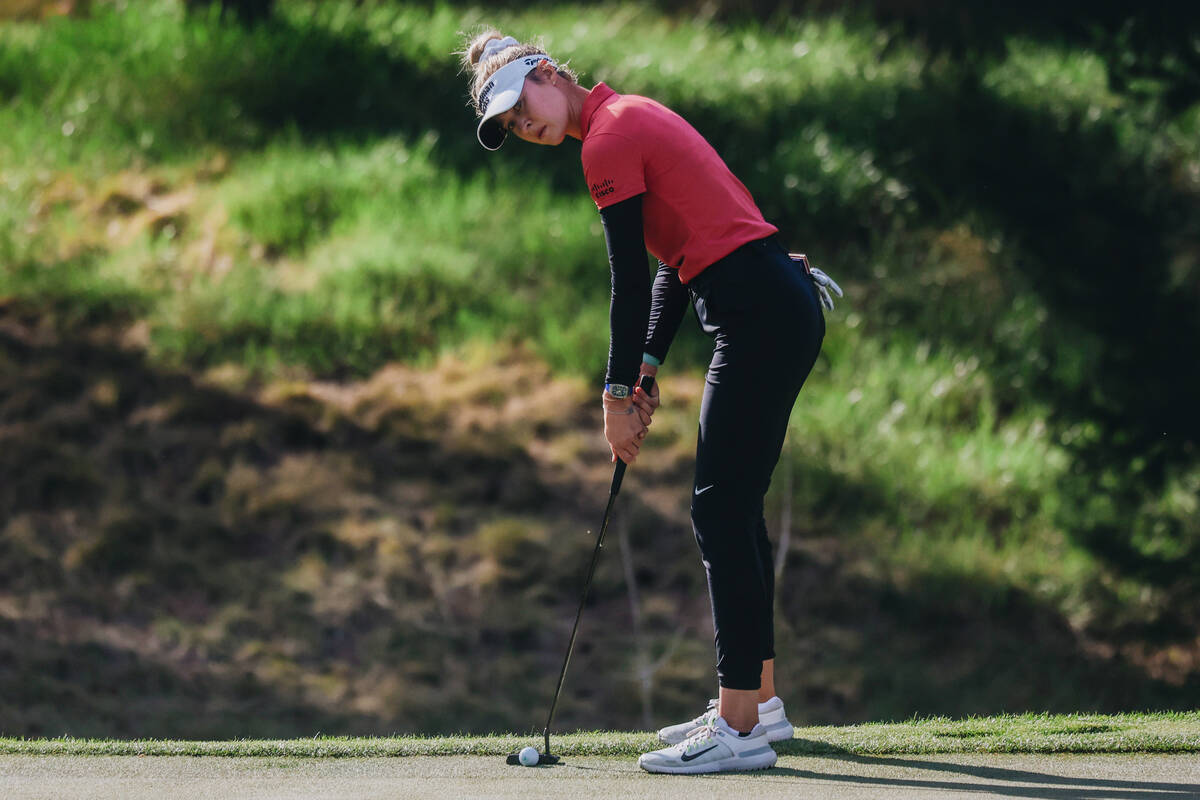 Nelly Korda tees her ball during the T-Mobile Match Play championship match at Shadow Creek Gol ...