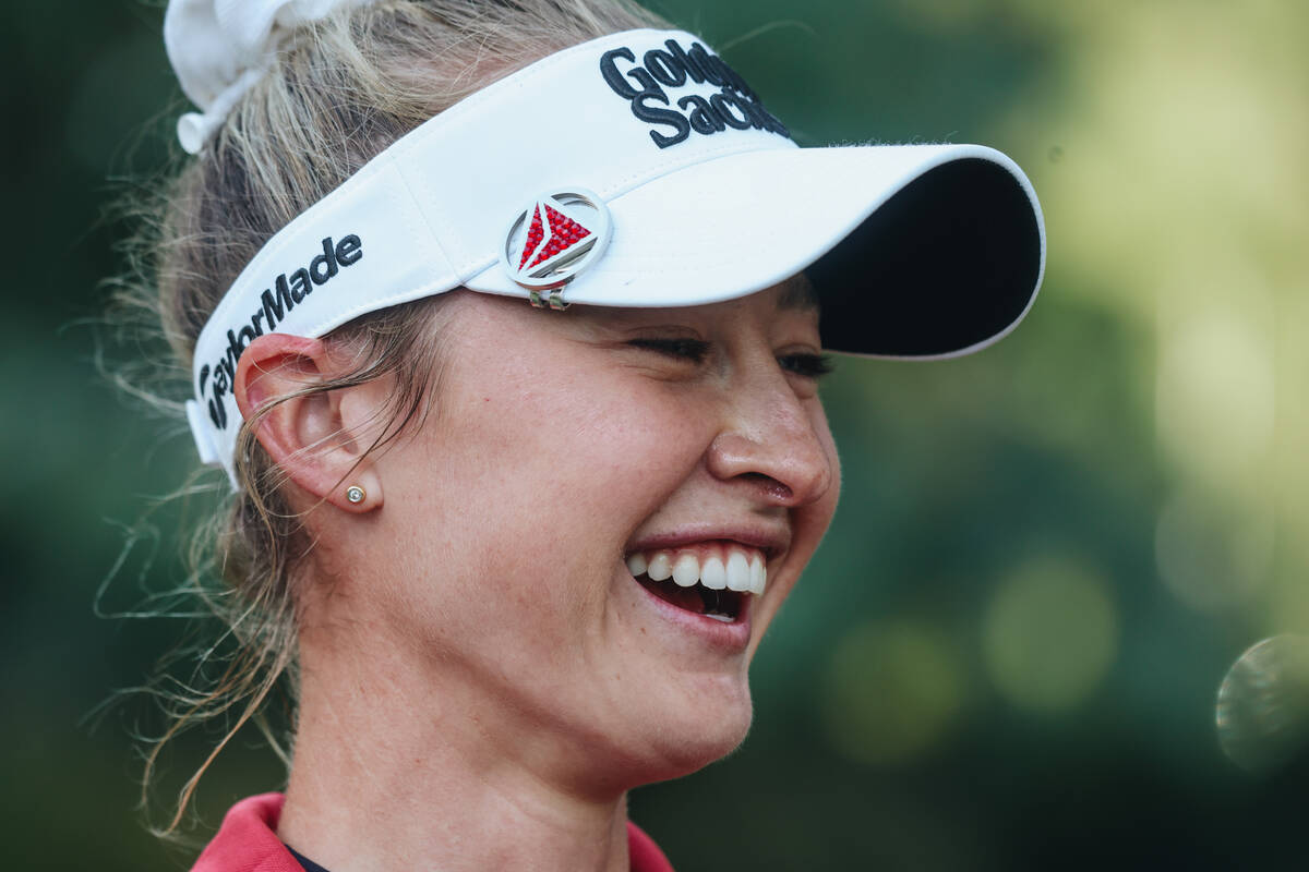 Nelly Korda celebrates winning during the T-Mobile Match Play championship match at Shadow Cree ...