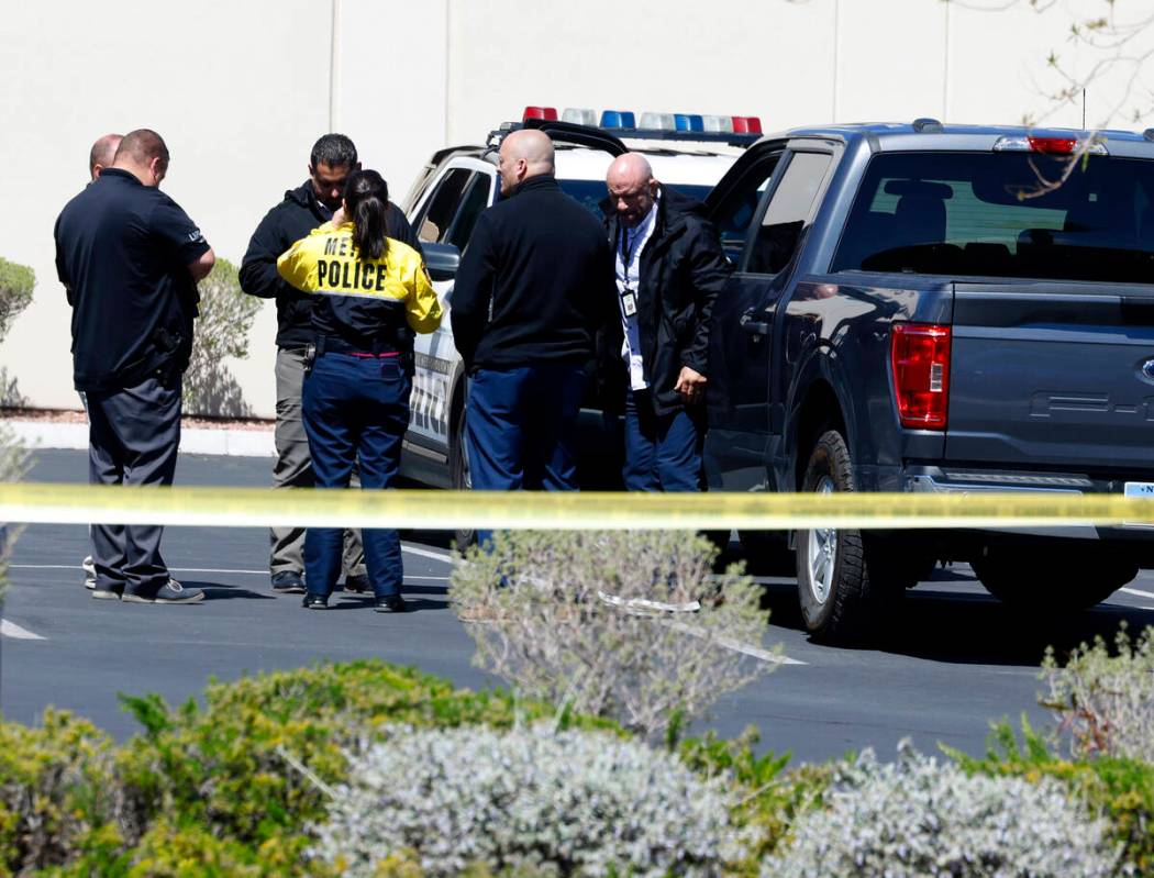 Las Vegas police investigate a shooting at City National Bank Building on Monday, April 8, 2024 ...