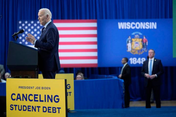 President Joe Biden delivers remarks on student loan debt at Madison College, Monday, April 8, ...