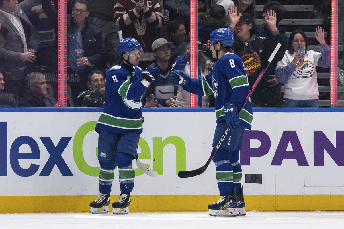 Vancouver Canucks' Conor Garland (8) and Brock Boeser (6) celebrate Garland's goal against the ...