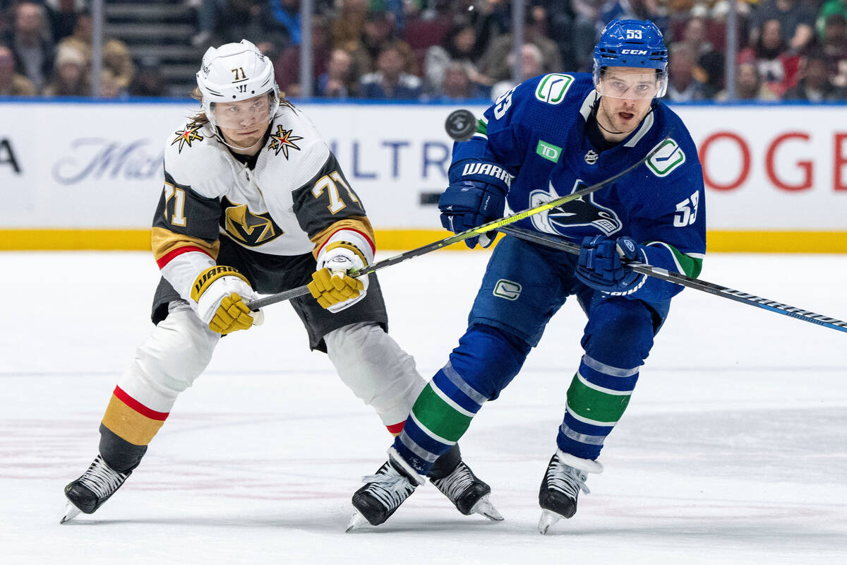Vegas Golden Knights' William Karlsson (71) and Vancouver Canucks' Teddy Blueger (53) vie for t ...