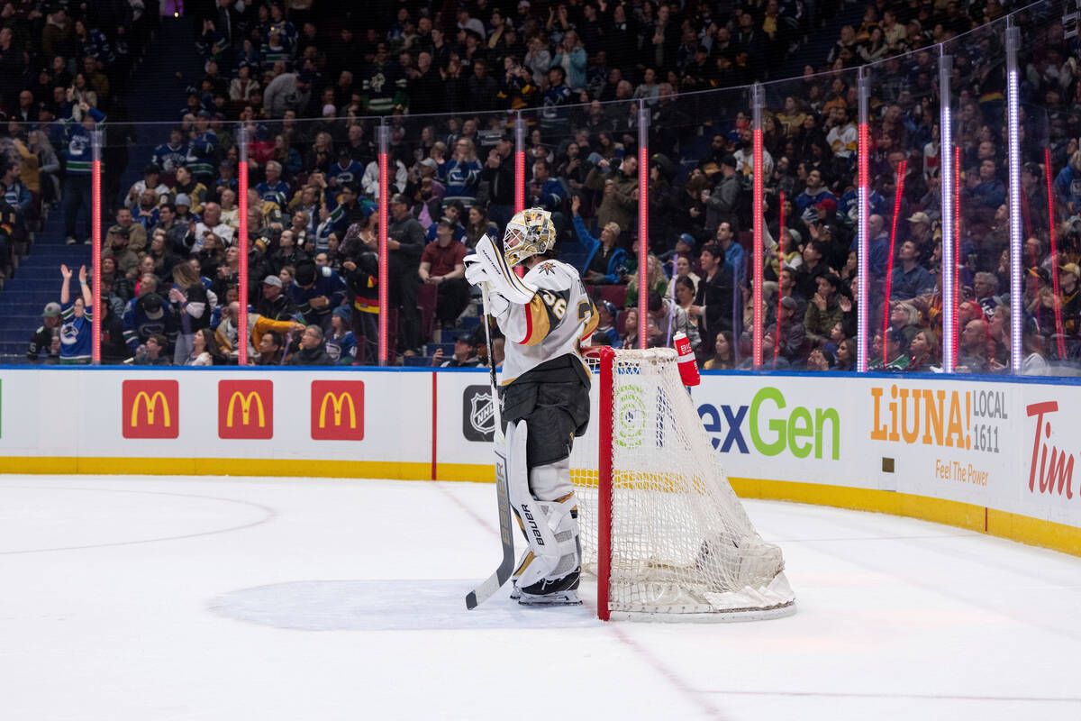 Vegas Golden Knights goaltender Logan Thompson (36) stands at the net after letting in a goal d ...