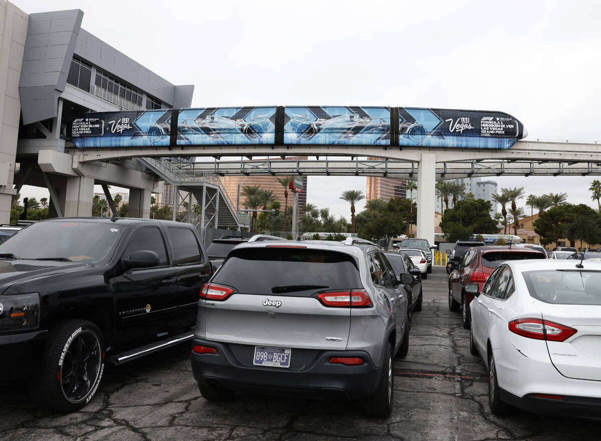 The Las Vegas Convention Center parking lot is filled with casino employees cars, on Thursday, ...