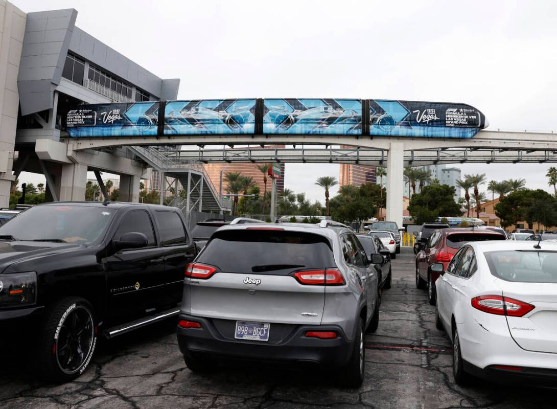 The Las Vegas Convention Center parking lot is filled with casino employees cars, on Thursday, ...