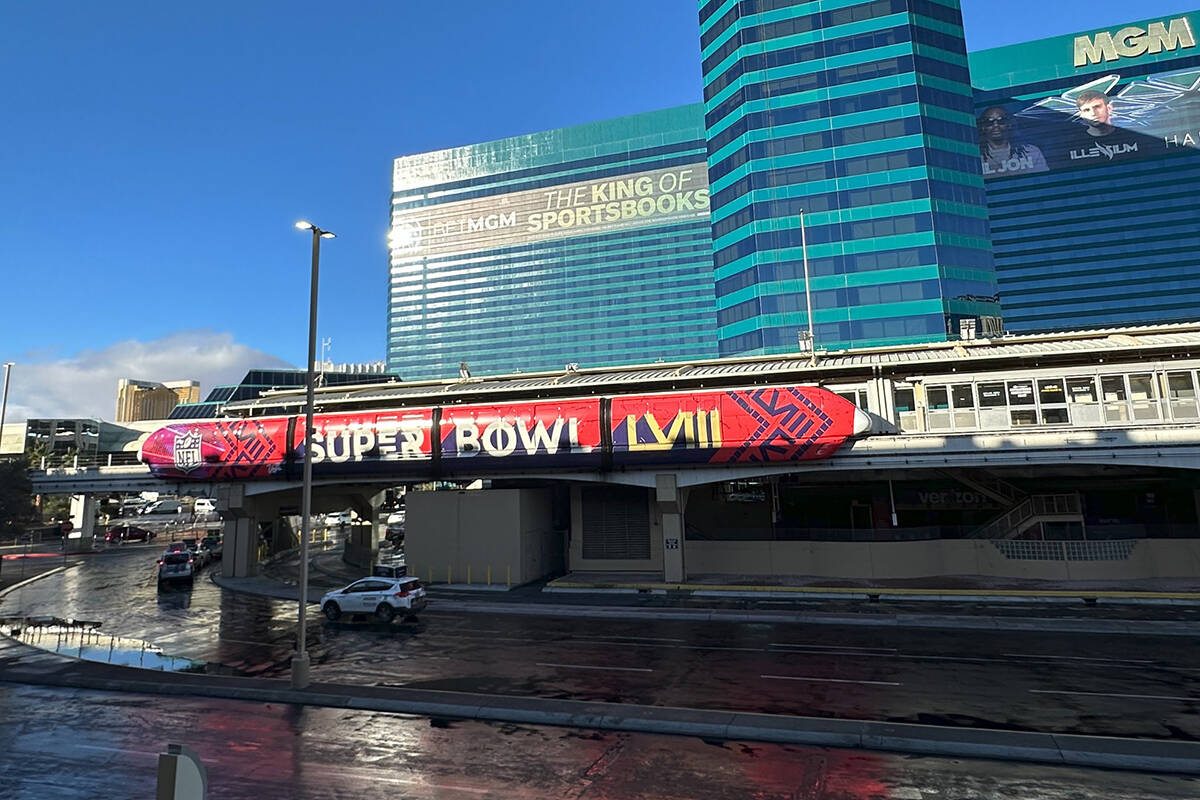 A train on the Las Vegas Monorail decked out in a Super Bowl wrap at the MGM Grand, with the Tr ...