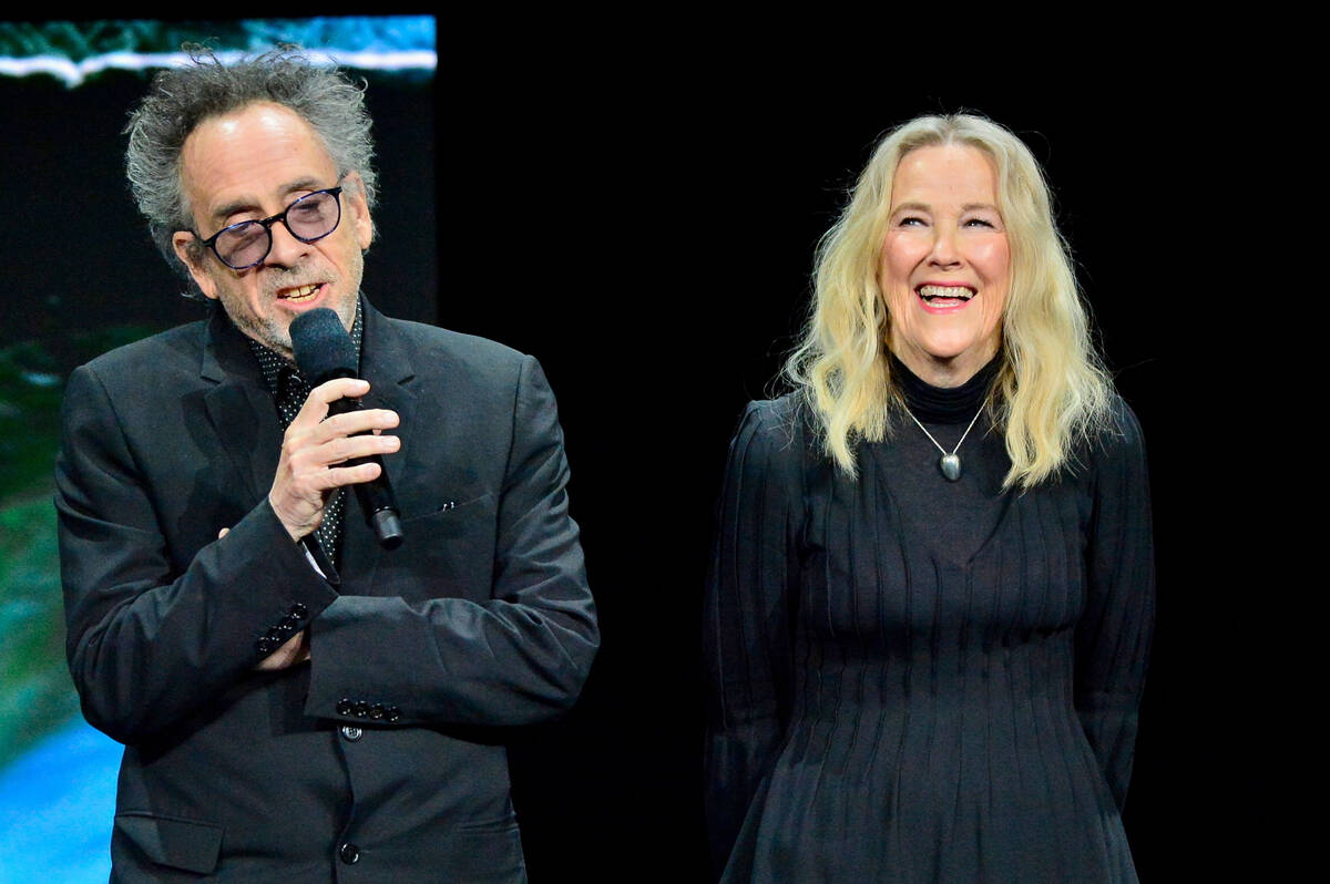 Tim Burton and Catherine O'Hara speak onstage during Warner Bros. Pictures' "The Big Picture," ...
