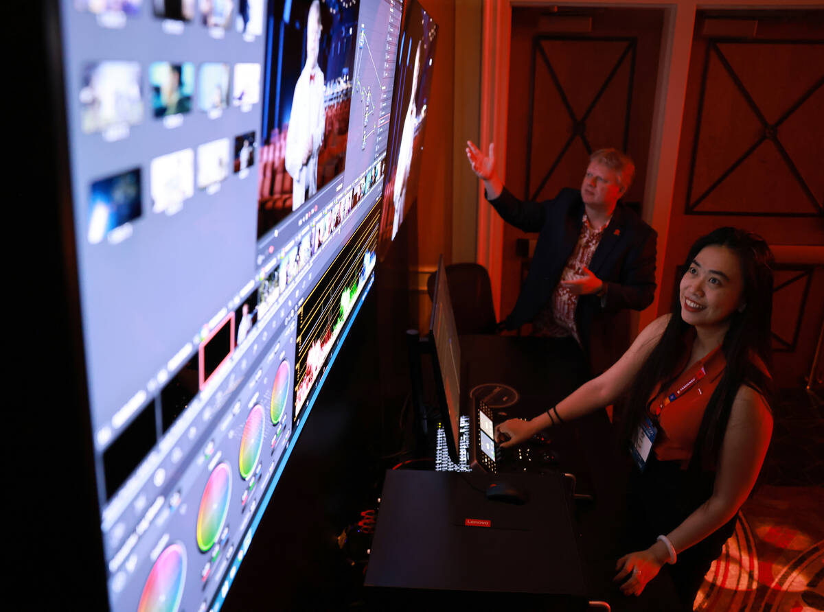 Joachim Zell, head of HDR content workflow and Iris Wu, both of Barco Inc., give a demonstratio ...