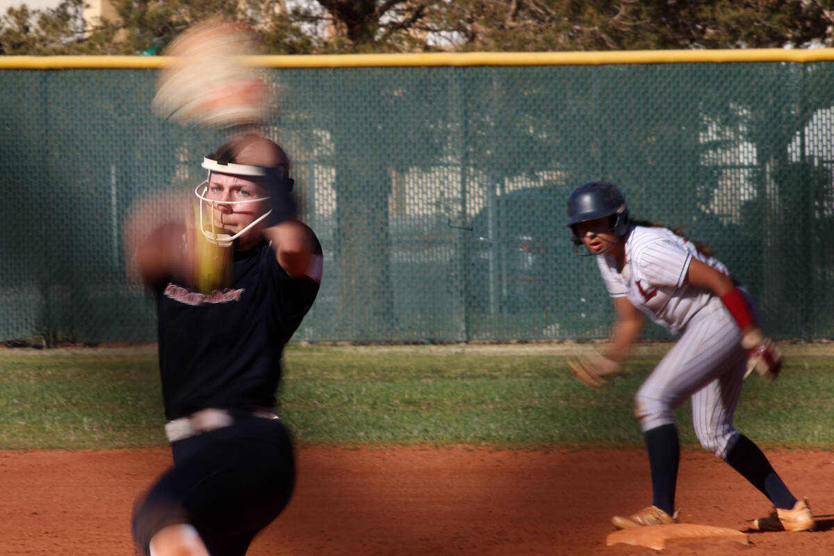 Coronado's Kendall Selitzky (9) pitches to Liberty while Liberty's Yazmin Gallarzo (41) prepare ...