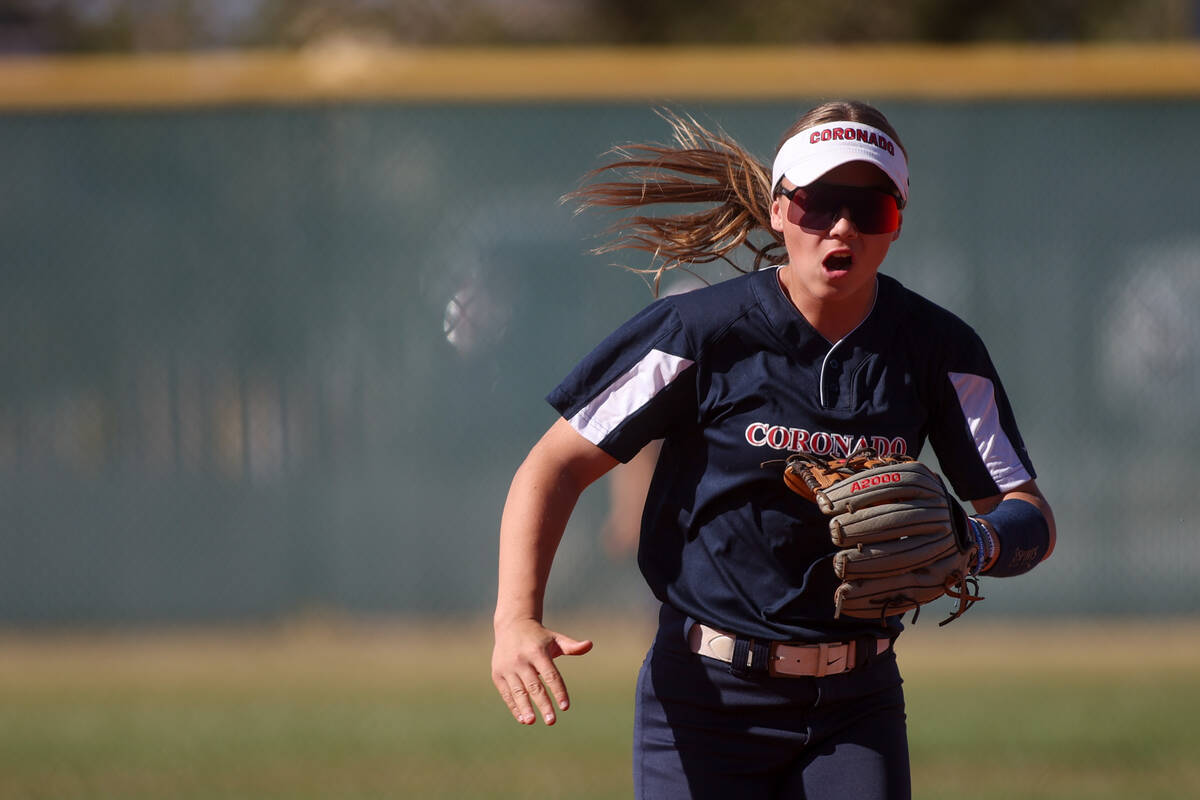 Coronado's Bailey Goldberg celebrates during a high school softball game against Liberty on Tue ...