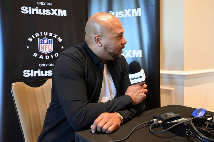 Las Vegas Raiders head coach Antonio Pierce is interviewed at the NFL football owners meetings, ...