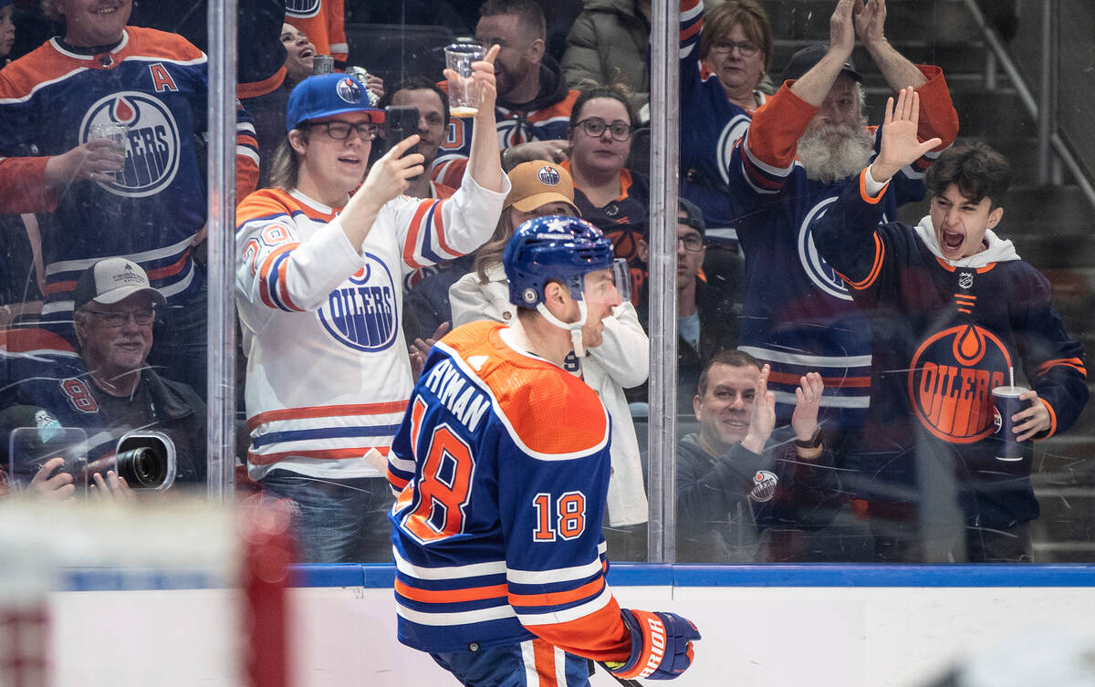 Edmonton Oilers' Zach Hyman (18) celebrates a goal against the Vegas Golden Knights during the ...