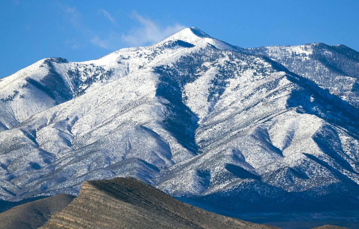 The Spring Mountains are freshly covered in snow viewed from the Tule Springs Fossil Beds Natio ...