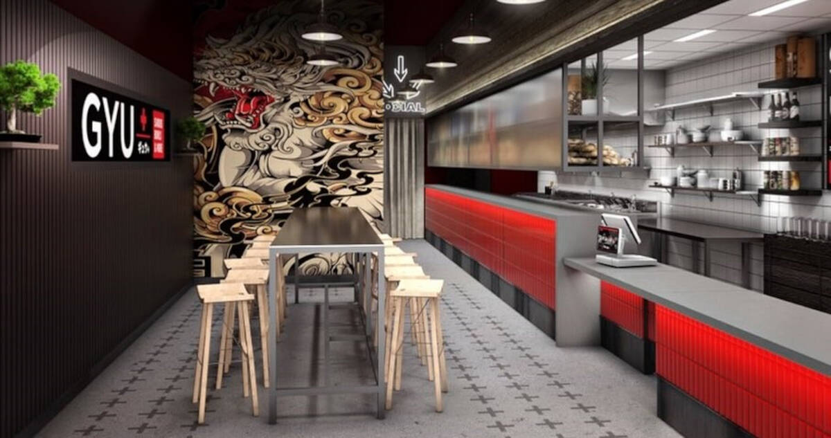 A rendering of the interior of Gyu+, a Japanese-inspired sando and rice box restaurant planned ...