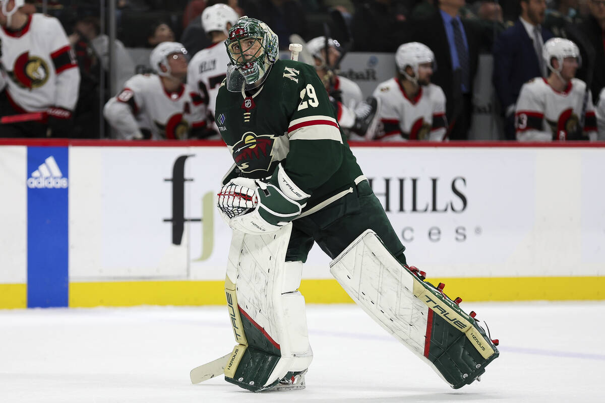 Minnesota Wild goaltender Marc-Andre Fleury looks on during the second period of an NHL hockey ...