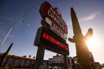 A saguaro cactus is seen outside of Arizona Charlie’s Decatur on Tuesday, April 16, 2024 ...