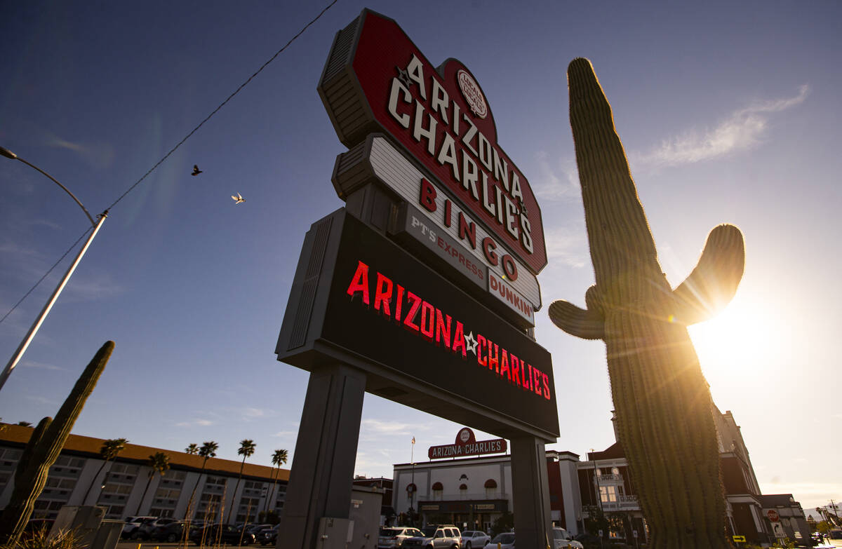 A saguaro cactus is seen outside of Arizona Charlie’s Decatur on Tuesday, April 16, 2024 ...