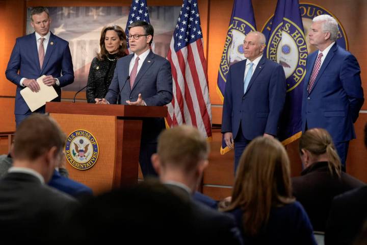 Speaker of the House Mike Johnson, R-La., speaks during a news conference on Capitol Hill Wedne ...