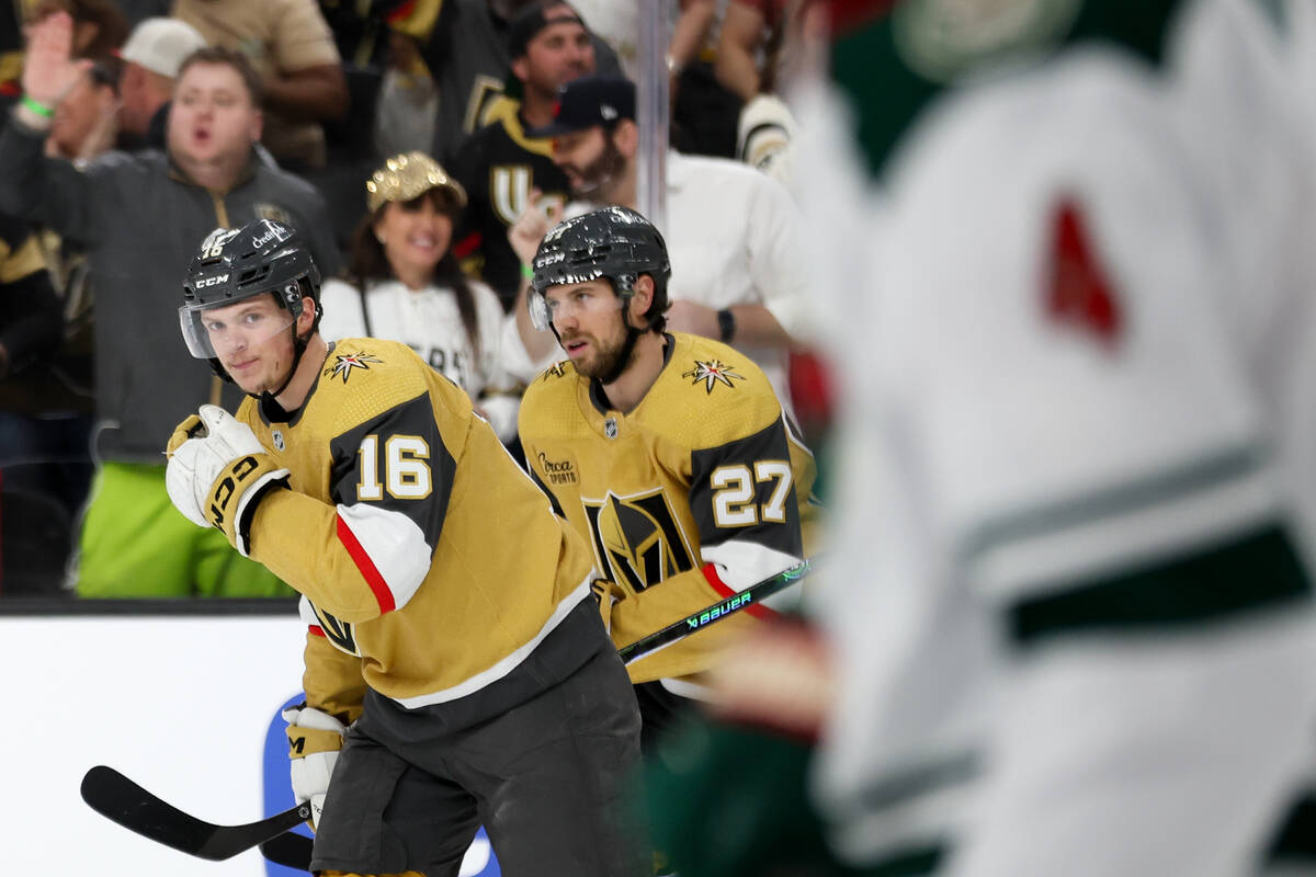 Golden Knights left wing Pavel Dorofeyev (16) looks toward the Wild after scoring a goal during ...