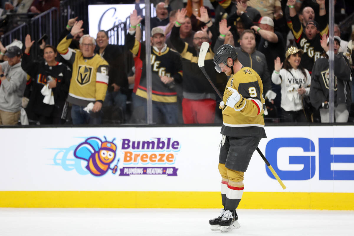 Golden Knights center Jack Eichel (9) reacts after scoring a goal during the first period of an ...