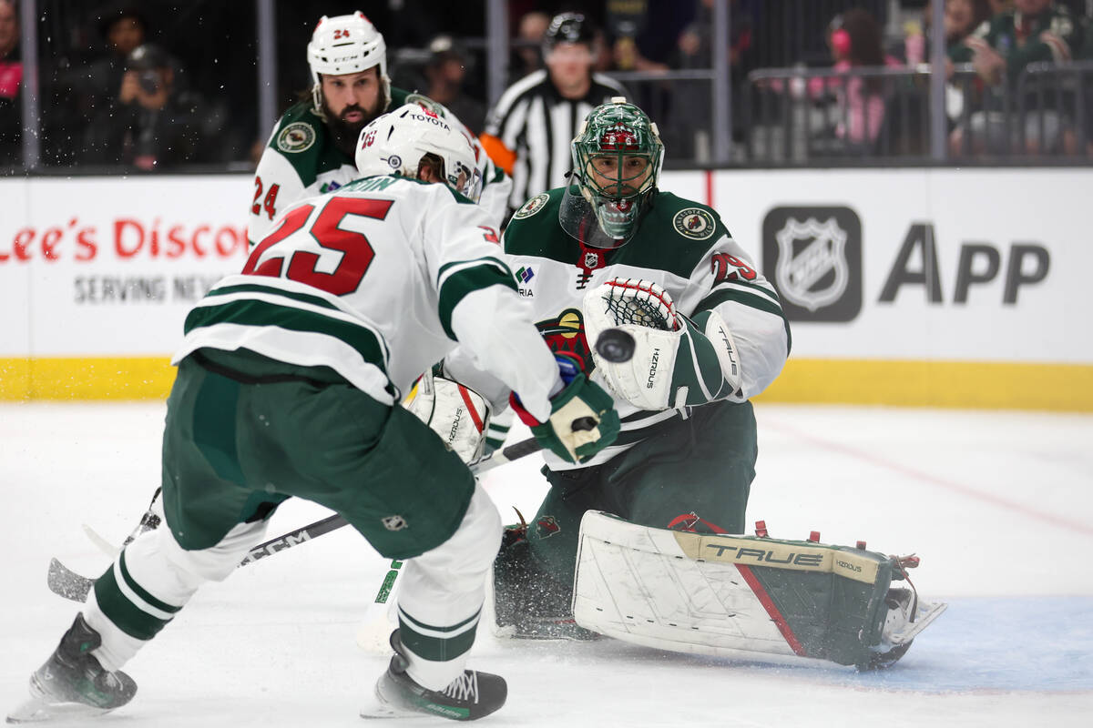 Wild goaltender Marc-Andre Fleury (29) watches the puck after making a save during the third pe ...