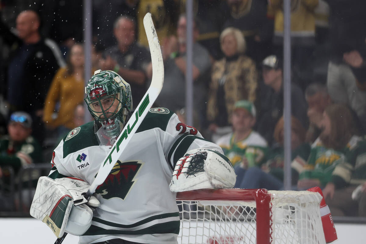 Wild goaltender Marc-Andre Fleury (29) reacts after the Golden Knights scored a goal during the ...