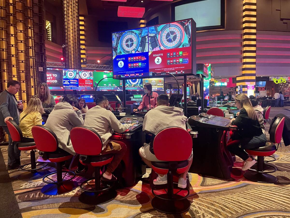 Players at Planet Hollywood gamble at a live dual roulette table manufactured by Interblock Gam ...