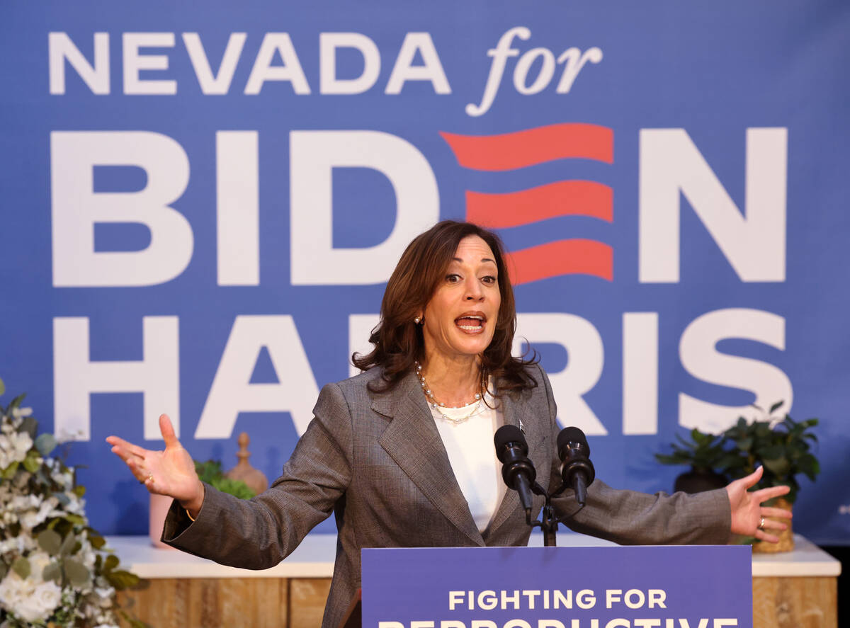 Vice President Kamala Harris speaks during a campaign event at Bottega Exchange coworking space ...