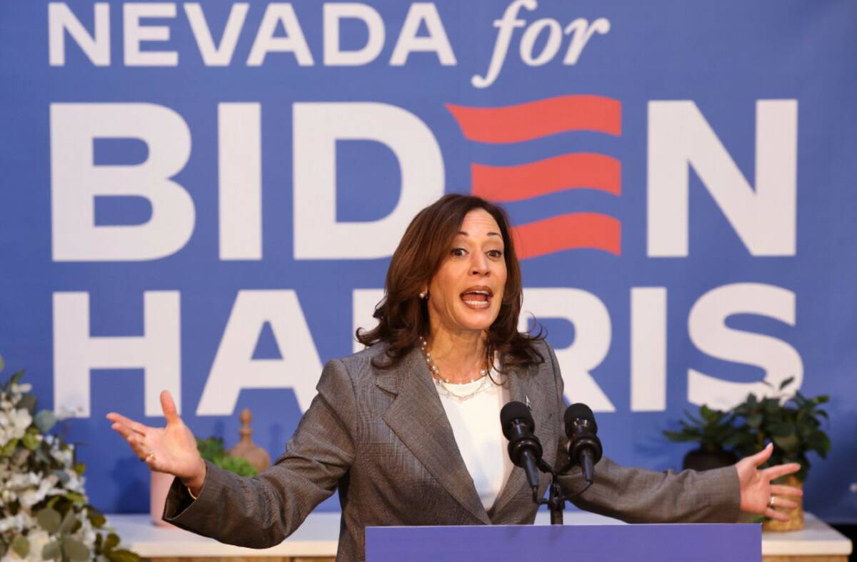 Vice President Kamala Harris speaks during a campaign event at Bottega Exchange coworking space ...