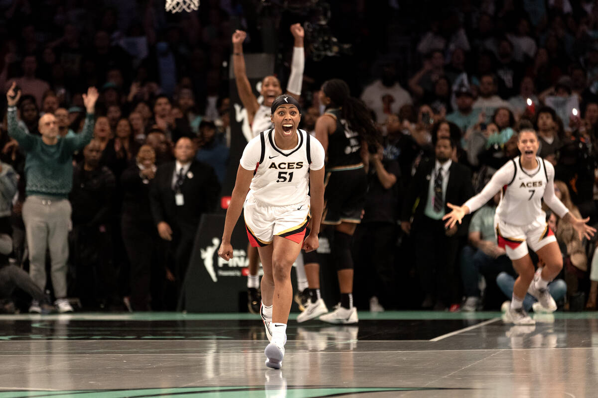 Las Vegas Aces guard Sydney Colson (51) celebrates as her team wins Game 4 of a WNBA basketball ...