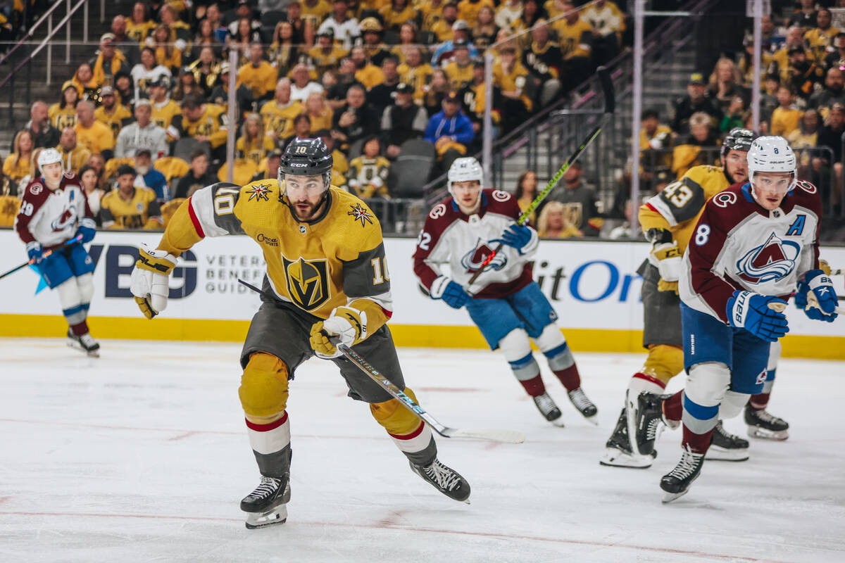 Golden Knights center Nicolas Roy (10) speeds across the ice during an NHL hockey game between ...