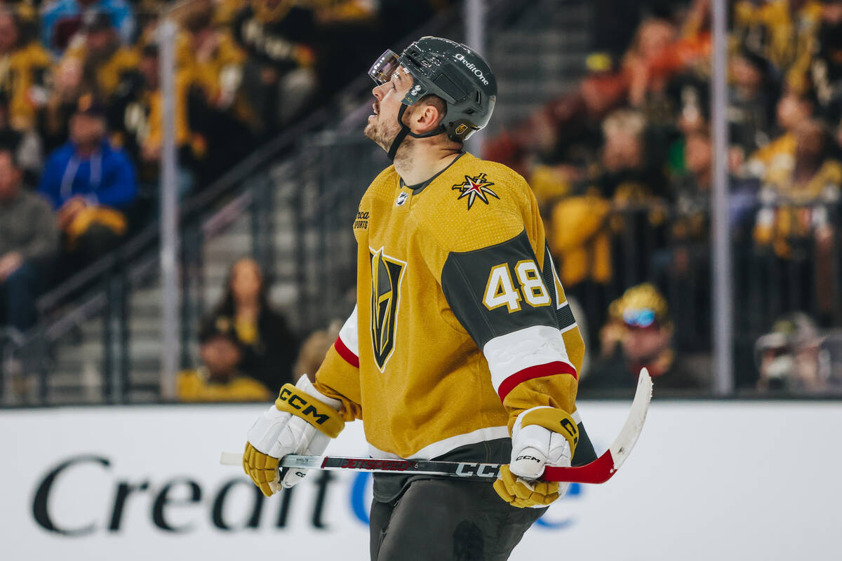 Golden Knights center Tomas Hertl (48) looks up during an NHL hockey game between the Golden Kn ...