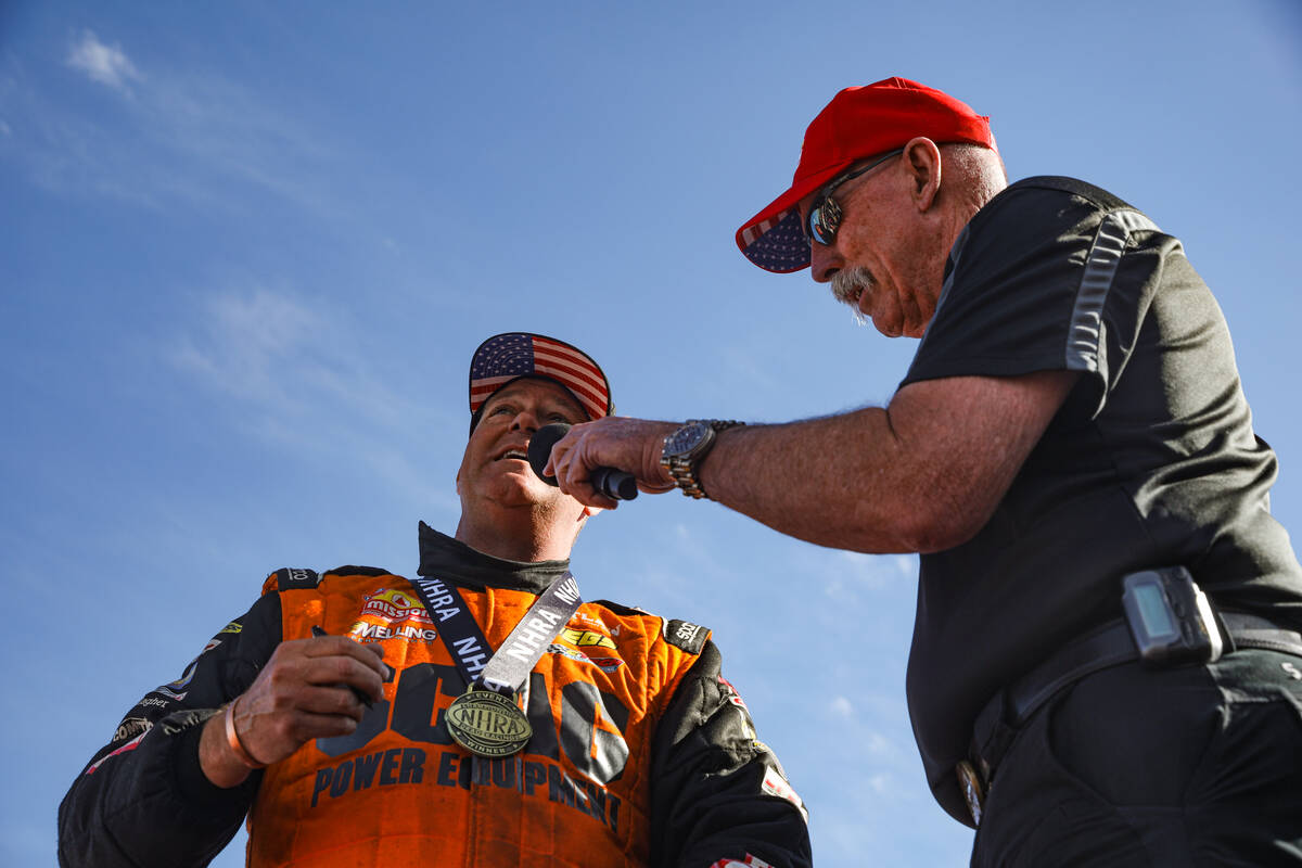 Pro stock driver Jeg Coughlin Jr. is interviewed by Alan Reinhart after winning the NHRA 4-Wide ...