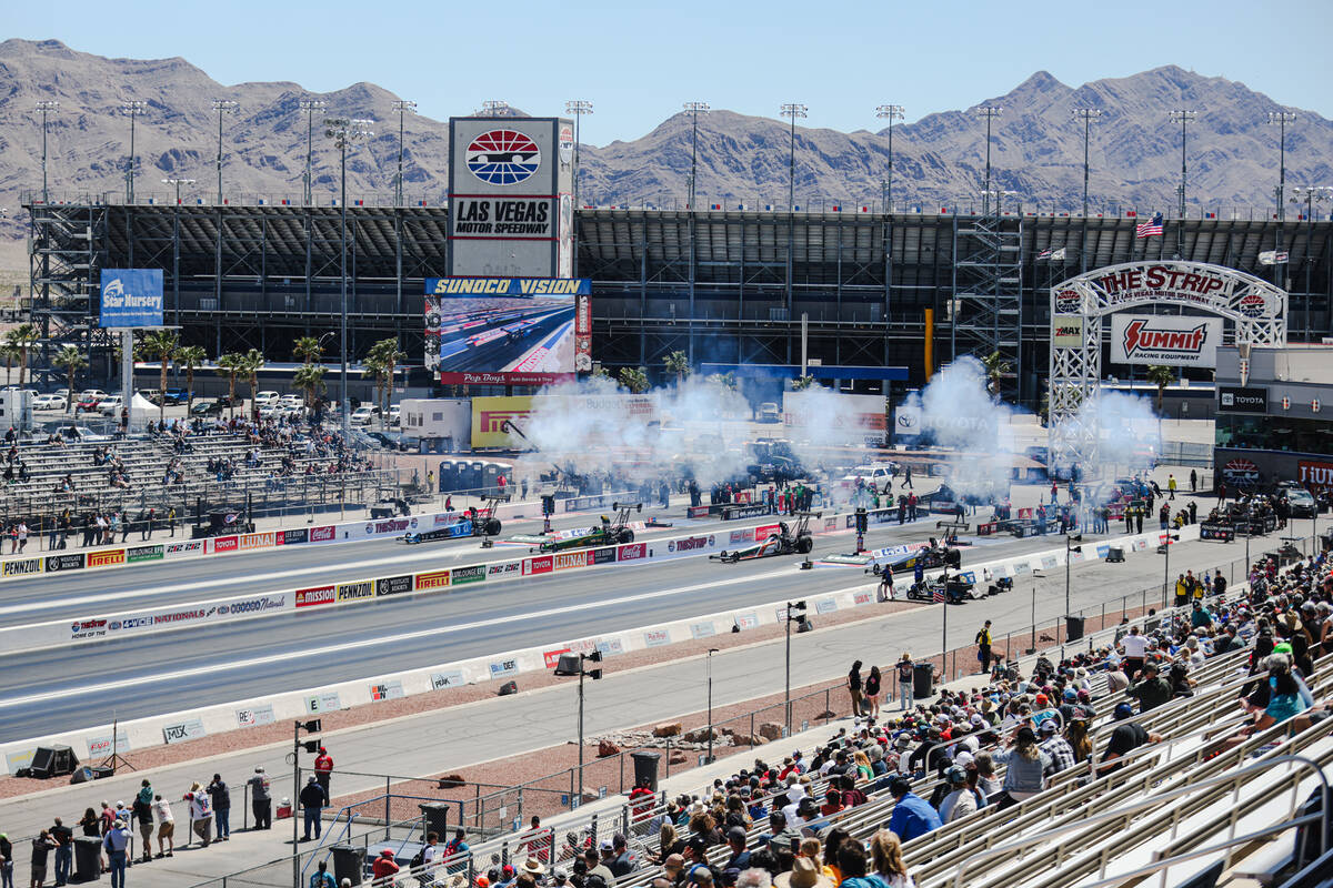 Top fuel drivers race during day three of NHRA 4-Wide Nationals at the Las Vegas Motor Speedway ...