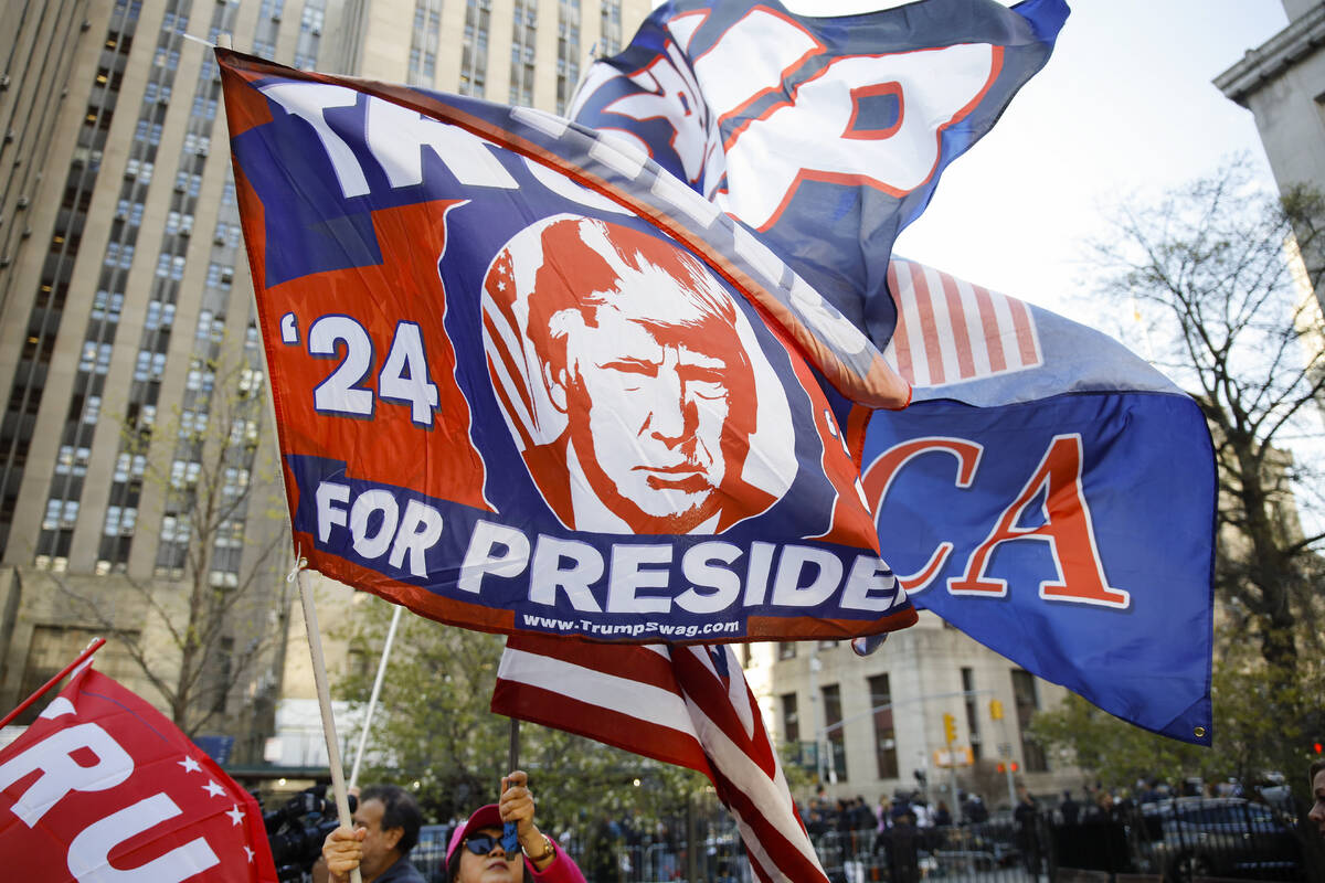 Supporters of former President Donald Trump demonstrate outside Manhattan criminal court, Monda ...